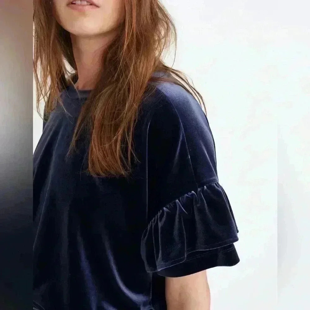 MADEWELL Women’s XS Blue Velvet Ruffle-Sleeve Tee - Picture 2 of 10